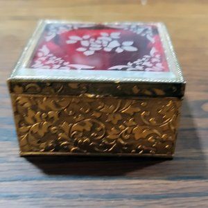 Brass Jewelry Box Velvet Lined with Decorative Glass Top